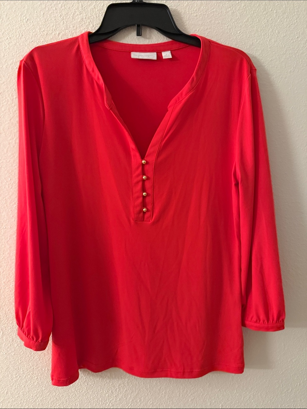 New York & Company Red Split V-Neck Henley with Gold Buttons